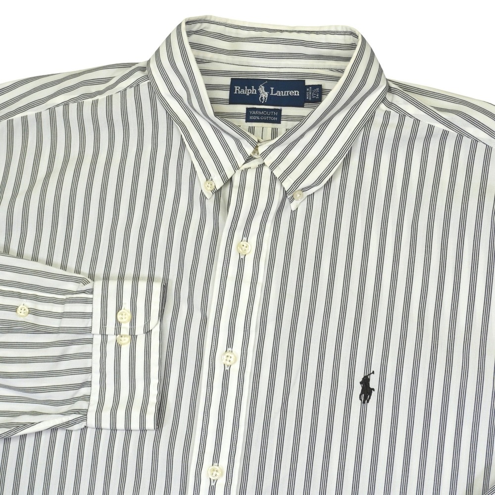 Ralph Lauren Button Down Mens 17.5 34/35 White Black Striped Yarmouth Pony VTG